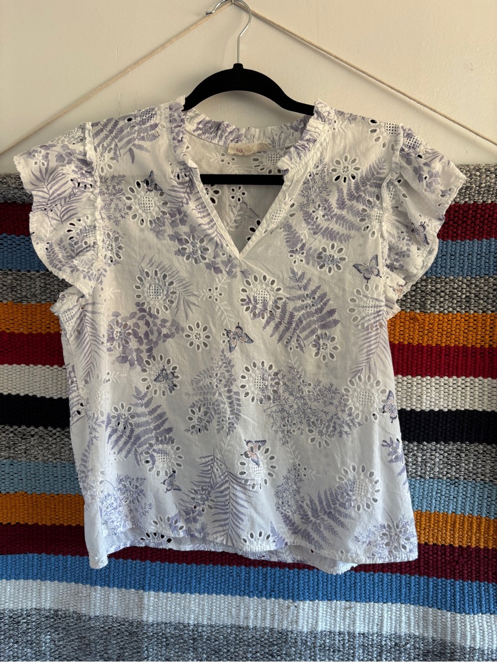 Solitaire Lavender Floral Butterfly Eyelet V-Neck Blouse